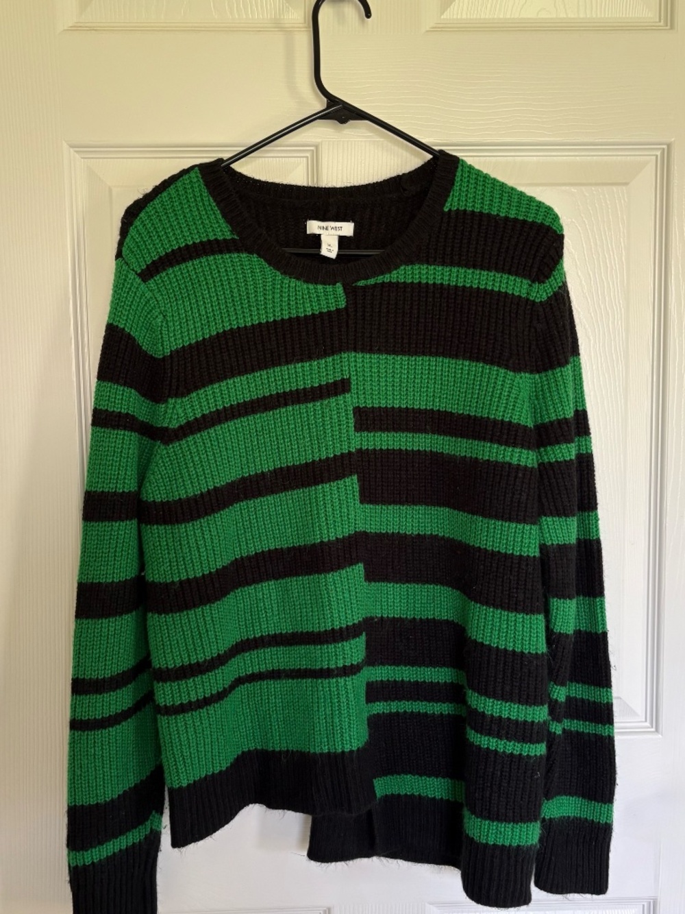 Nine West Womens XL Colorblock Striped Crewneck Sweater Green Black Ribbed Top